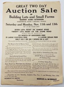 Carlisle PA Auction Notice, Land of Marcus A McKnight, Marriet Acres Poster Ad