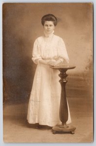 Photo of Woman Posing in Long White Dress Necklace Real Photo RPPC Postcard