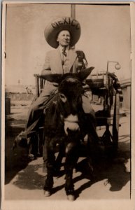 RPPC Mexico Man on Burro Donkey Sombrero Hat Tourist Photo c1939 Postcard X8