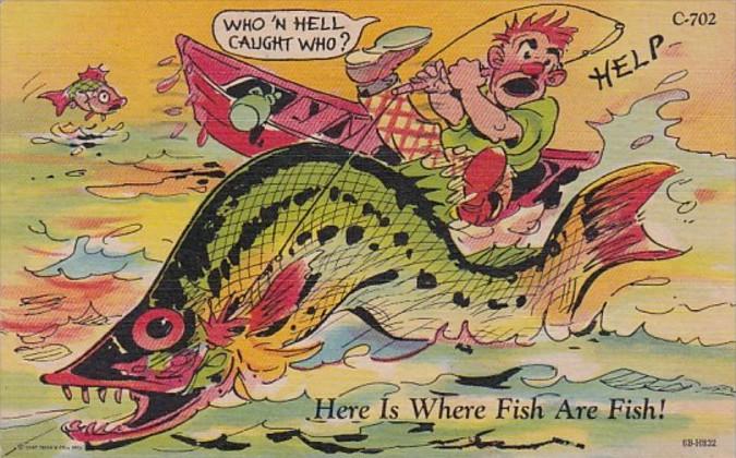 Fishing Humour Who 'N Hell Caught Who 1955 Curteich