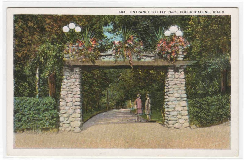 Entrance City Park Coeur D'Alene Idaho 1920s postcard
