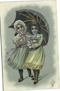 PC CATS, GIRLS WITH CATS AND UMBRELLA, Vintage Postcard (b38508)