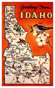 Postcard MAP Idaho - Greetings from Idaho - State Flower Syringa bluebird