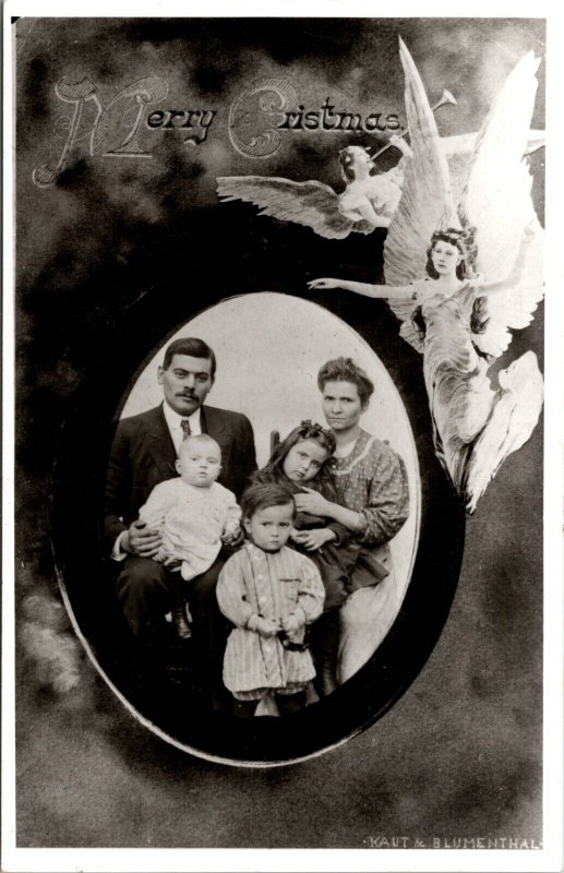 RPPC Vintage Family Framed Photo Angels Christmas Card Real Photo Postcard