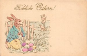 Easter Greetings Humanized Rabbit Eggs Hunter Dog embossed postcard C316