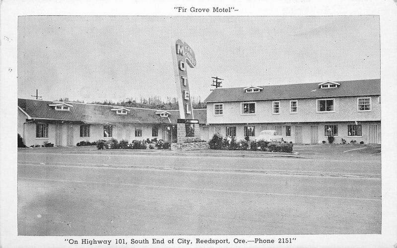 Carson Grove Motel Highway 101 1950s Postcard Reedsport Oregon roadside 11206