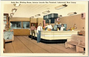 Interior Lincoln Bus TErminal Soda Bar Waiting Room Lakewood NJ Vtg Postcard A54