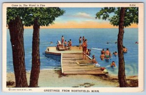 GREETINGS FROM NORTHFIELD MINNESOTA*CURTEICH BATHING SCENES*LINEN POSTCARD