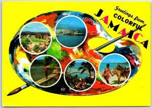 VINTAGE CONTINENTAL SIZE POSTCARD COLORFUL GREETINGS FROM JAMAICA (3) STAMPS