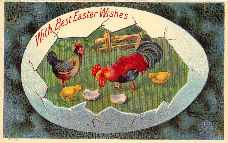 Easter Egg Shell Panorama~Rooster & Hen Inside~Farm Fence~Glossy Emboss~AA 1908 