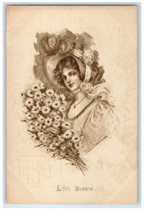 c1910's Pretty Woman Bonnet With White Daisy Flowers Russell Signed Postcard