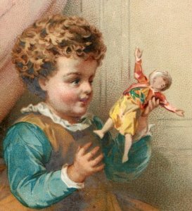 1880s Victorian Trade Card Adorable Baby Playing With Doll F148