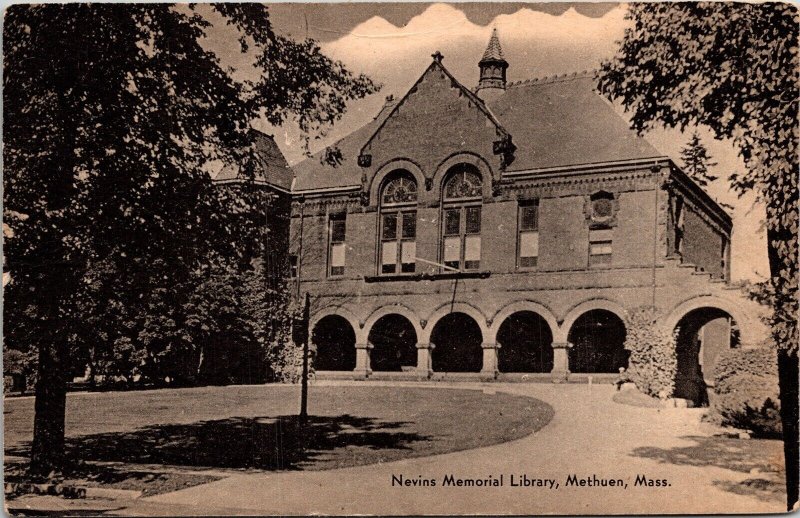 Nevins Memorial Library Mthuen Massachusetts MA Postcard PM Clean Cancel WOB VTG 