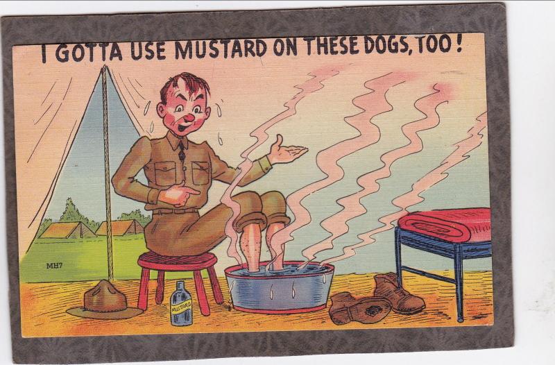 ww II COMIC 1943 WORLD WAR Postcard I GOTTA USE MUSTARD ON THESE DOGS