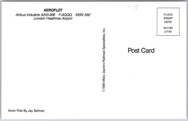 Airplane Aeroflot Airbus Industrie A310-308 F-0GQQ MSN 592 London Postcard