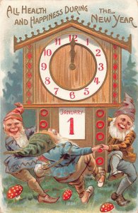 New Year Greetings 1909 Clock Dwarf Dance Mushroom embossed postcard B992