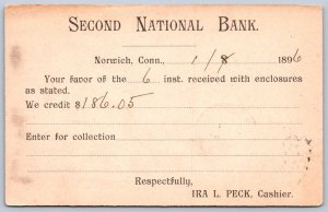 K44/ Norwich Connecticut Postcard c1896 Second National Bank Postal 403