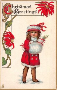 Christmas Greetings Girl in Red Outfit Tuck Vintage Postcard AA7340