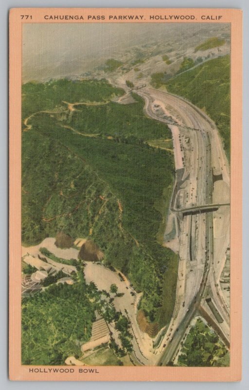 Hollywood California~Aerial View~Cahuenga Pass Parkway~Hollywood Bowl~Linen 