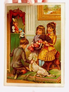 1870s-1880s Victorian Trade Card Children Dog toys Punch & Judy Parlor Doll #C