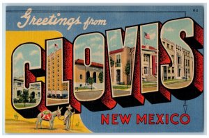 c1940 Greetings From Clovis New Mexico Banner Large Letters Donkey NM Postcard