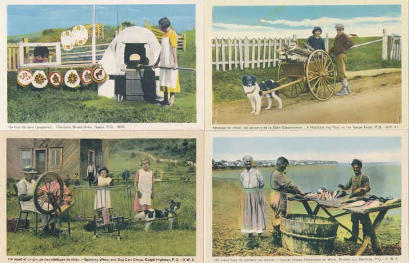 (4 cards) Gaspe QC Quebec Canada Bread Oven Dog Cart - Spinning Wheel -Fish - WB