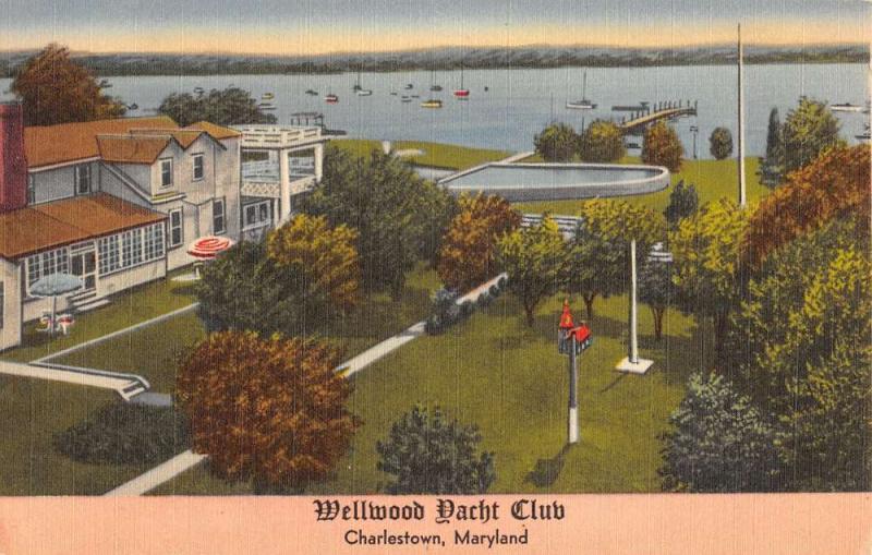 Charlestown Maryland Wellwood Yacht Club Birdseye View Antique Postcard K27344