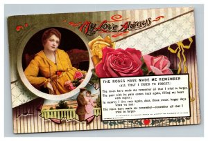 Vintage 1910's WW1 Military Valentines Postcard - Pink Yellow Roses Nice Poem