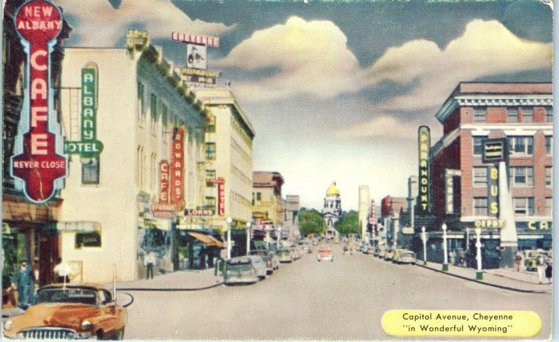 CHEYENNE, WY Wyoming   CAPITOL AVENUE Street Scene CAFE c1950s Cars Postcard