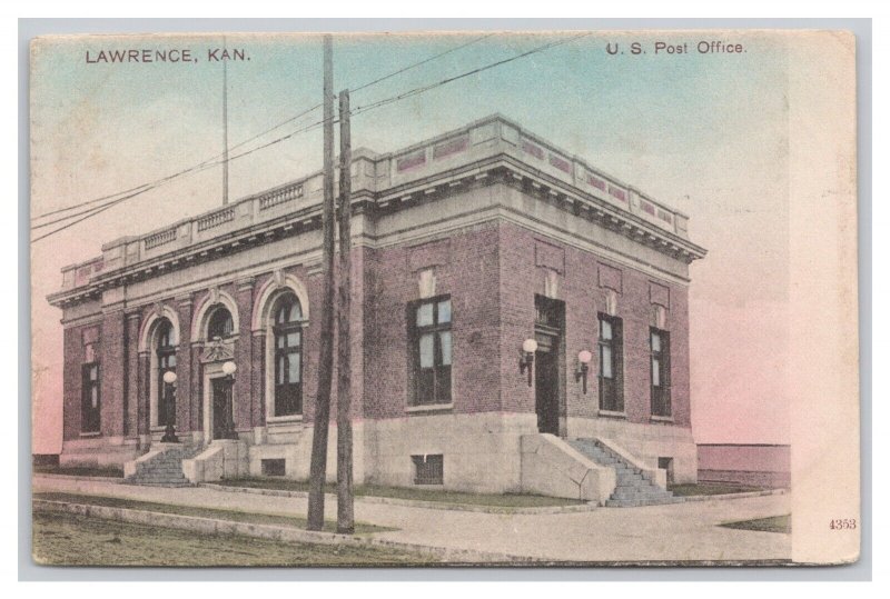 Postcard Lawrence Kan. Kansas Post Office c1913 Postmark