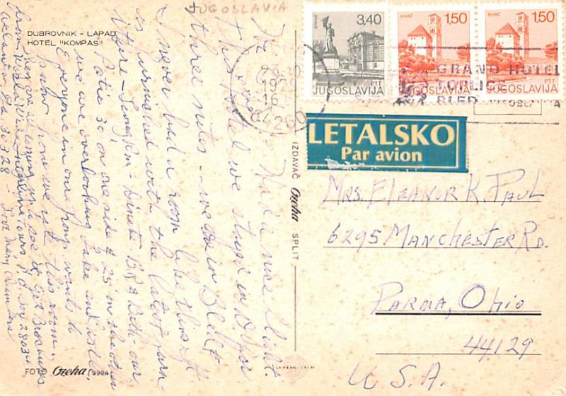 Yugoslavia Old Vintage Antique Post Card Hotel Kompas Dubrovnik 1979
