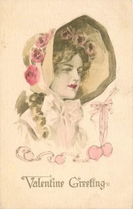 Postcard Pretty Woman Rose Bonnet 1910 Valentine TP24-2559