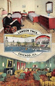 VICTOR F. LAWSON YMCA Chicago, IL Room Interiors ca 1940s Vintage Postcard