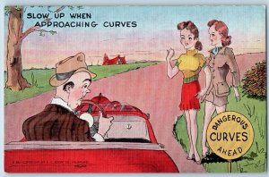 Comic Rumor Postcard Risque Man Driving Car Dangerous Curves Ahead c1930's