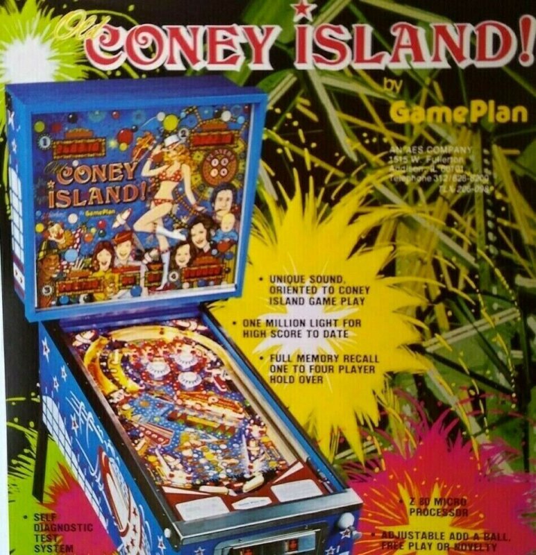 Coney Island Pinball Flyer Original 1980 Game Plan Artwork Promo 8.5 x 11