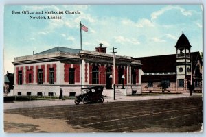 Newton Kansas Postcard Post Office Methodist Church Exterior View Building 1913