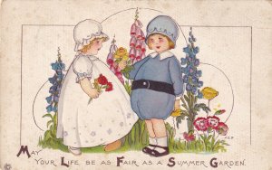 Boy giving yellow rose to girl wearing bonnet, Summer Garden, 1900-10s