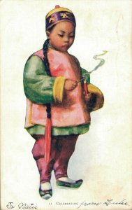 China Chinese Boy Celebrating Fireworks 1900s Postcard 03.75