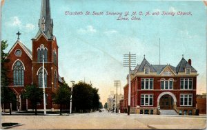 Postcard OH Lima Elizabeth St. South Showing YMCA & nd Trinity Church ~1910 F14