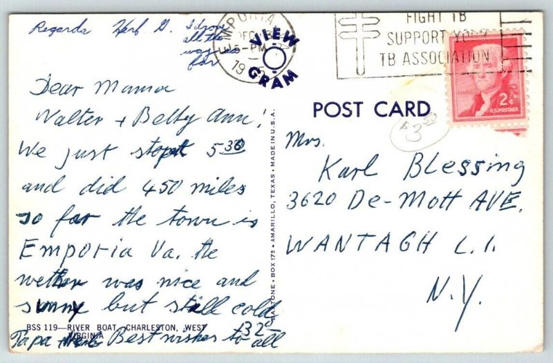 Riverboat  Charleston, West Virginia  Postcard  1955