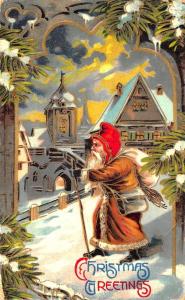 Brown Suited Red Hood Santa Claus Christmas Walking Thru The Snow Postcard