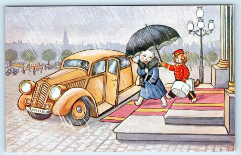 Anthropomorphic DRESSED CATS ~ DOORMAN RAIN Car Umbrella SSS German Postcard