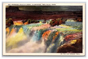 Shoshone Falls at Night Illuminated Twin Falls Idaho ID UNP Linen Postcard Z8