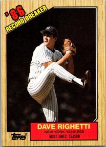 1987 Topps Baseball Card '86 Record Breaker Dave Righetti New York Yanke...