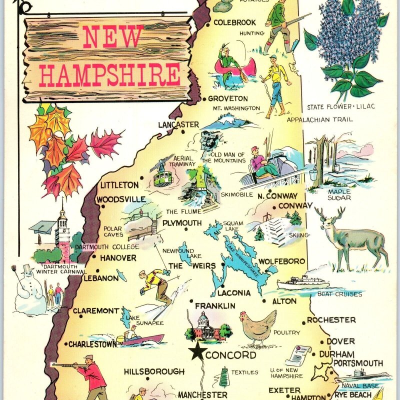 Giant c1960s New Hampshire Illustrated Map Greetings Postcard Oversized 1U