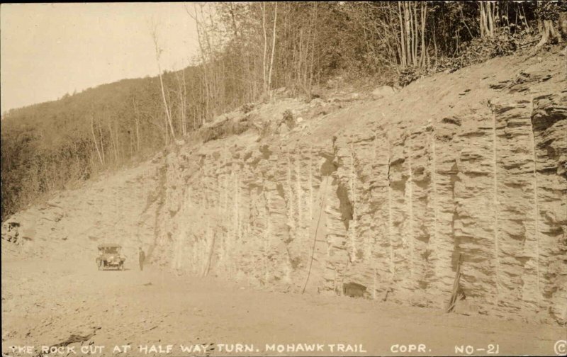 Mohawk Trail MA Car at Rock Cut Halfway Turn c1910 Real Photo Postcard