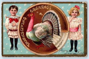 1908 Thanksgiving Greetings Children Turkey Embossed Baltimore MD Postcard