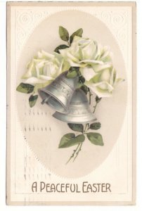 A Peaceful Easter, Bells And White Roses, Vintage 1911 Embossed Postcard