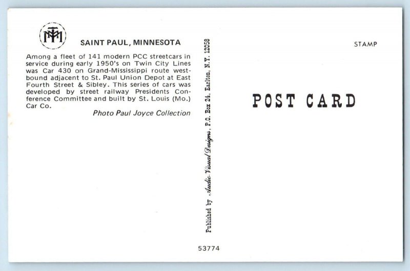 Saint Paul Minnesota MN Postcard Streetcars Twin City Lines Car 430 1950 Vintage