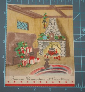 VINTAGE 1940s WWII ERA Christmas Greeting Holiday Card DOG GIFTS & FIREPLACE
